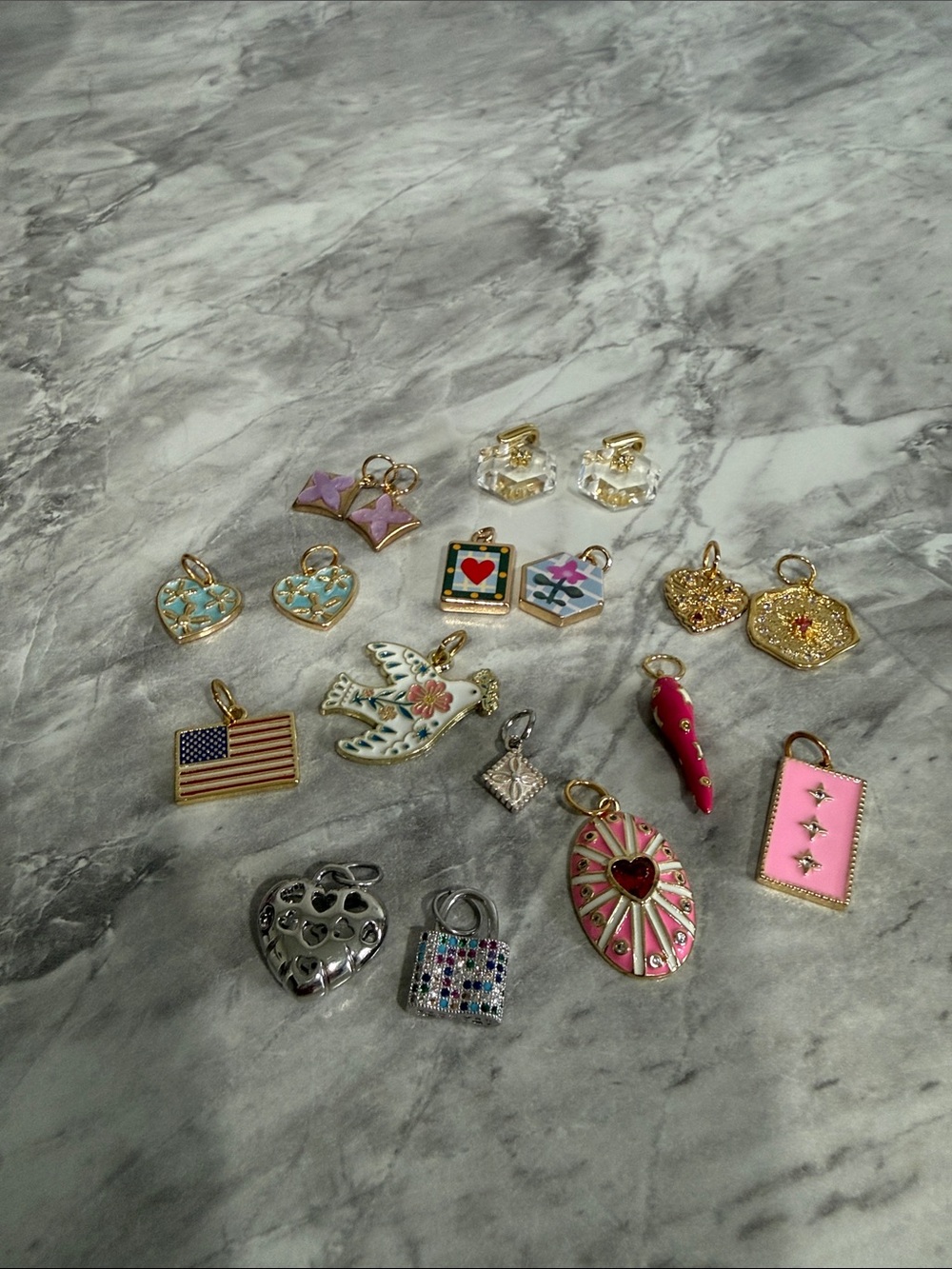 18 Pc Enamel Charm Lot Hearts Dove Lock Flag Floral Gold Tone New